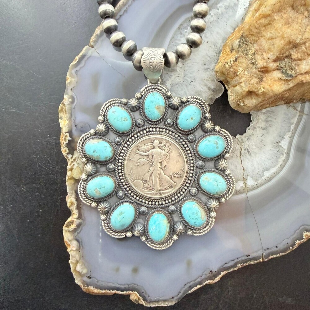 1943 Genuine 90% Silver Walking Liberty Half Dollar Coin w/Turquoise Uni Pendant - Picture 2 of 10